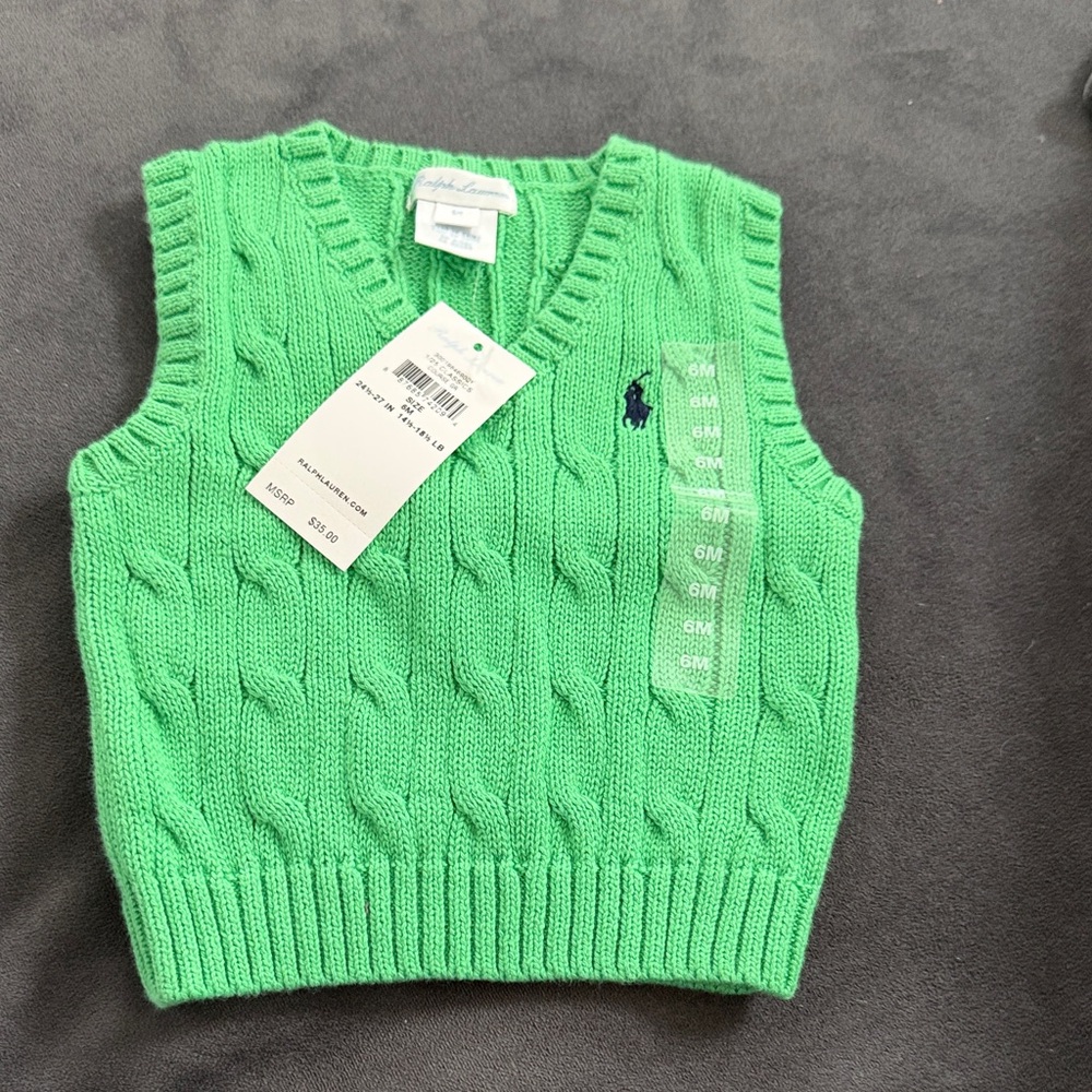 Ralph Lauren Bright Green Cable-Knit Baby Vest with Pony Logo